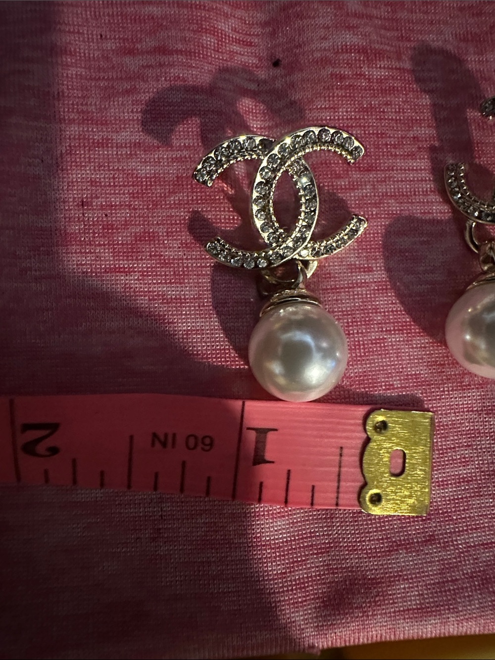 CHANEL Gold CC Crystal Drop Earrings with Pink Pearl Drops - Picture 6 of 6